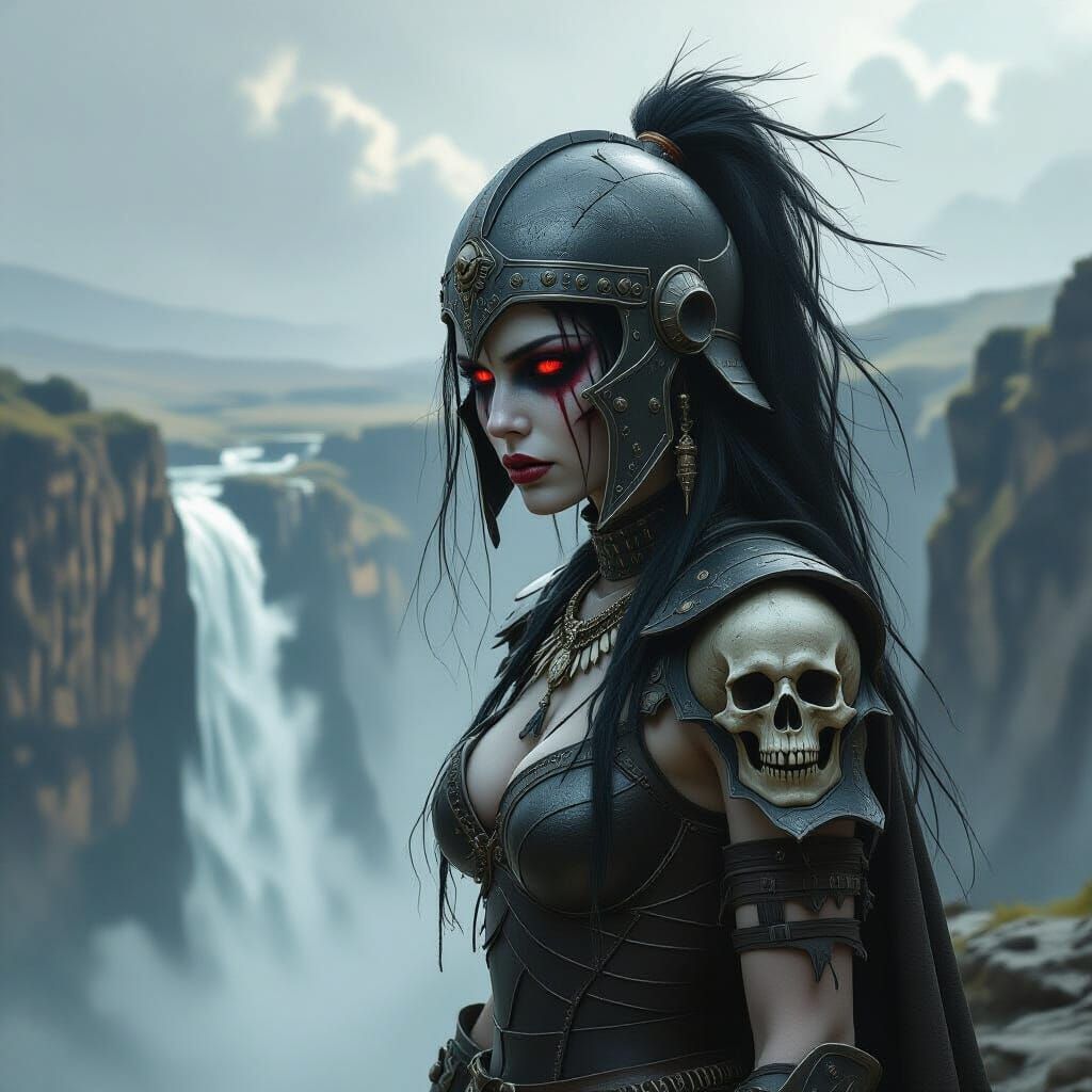 Warrior Woman on Cliff Edge in Dark Fantasy Style
