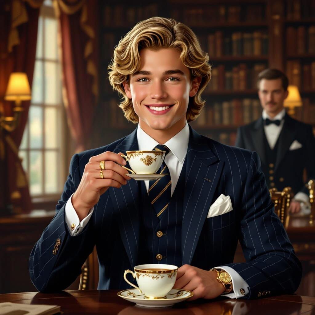 Teenage Gentleman Enjoys Tea in Elegant Library