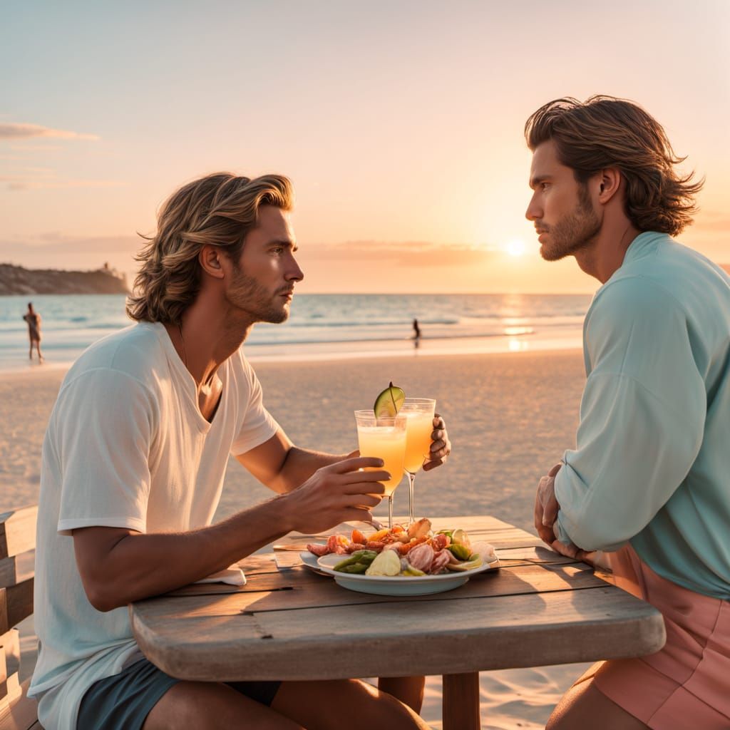 Handsome Young Surfers Enjoy Sunset Dinner at Beachfront Res...