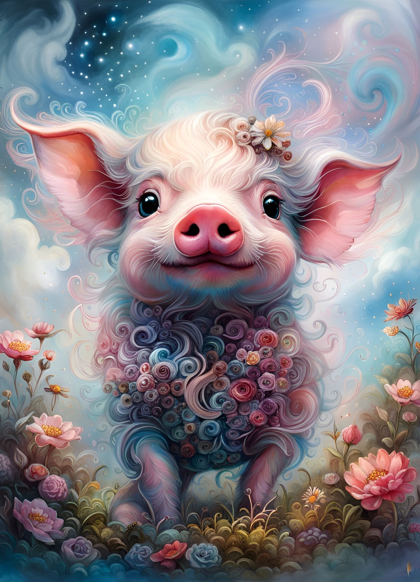 Cute Piglet in a Flower Garden, Surreal Art