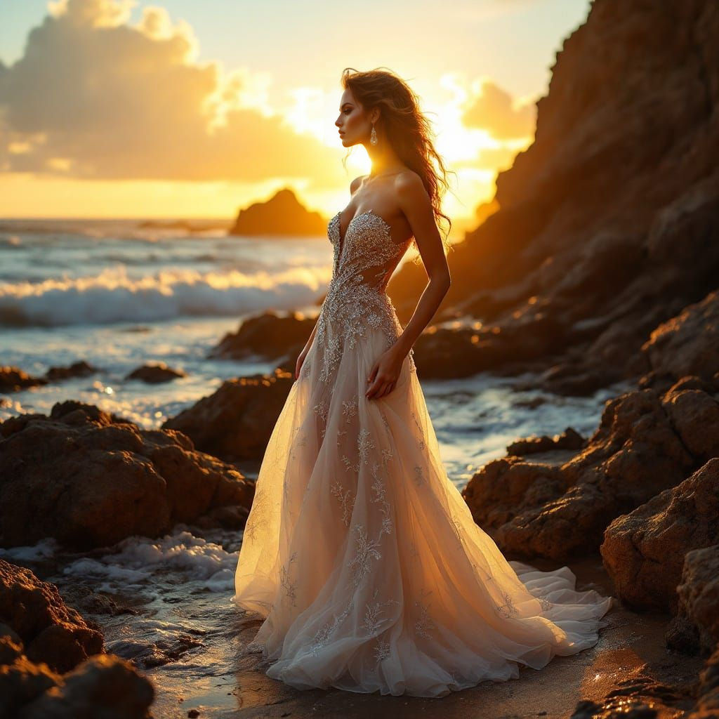 Glamorous Vogue Model Silhouetted Against a Vibrant Sunset