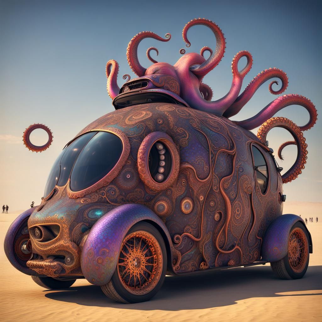Octopus Art Car at Burning Man in Detailed Matte Painting