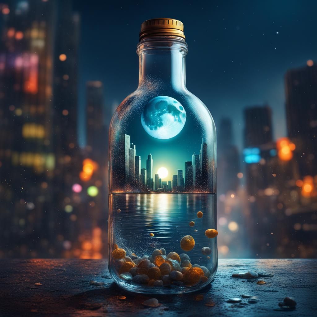 Moonlit Cityscape with Message in a Bottle
