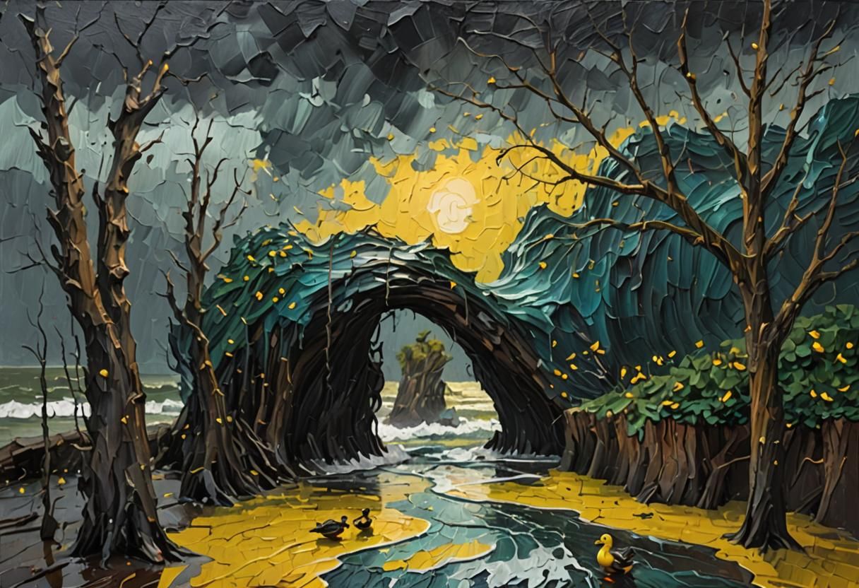 Sinister Ocean Landscape with Duck: Impasto Painting