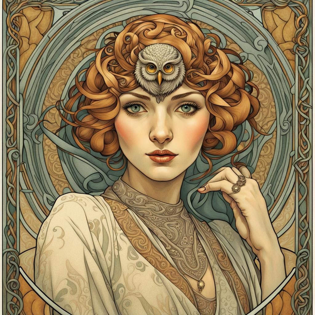 Art Deco Owl Girl with Celtic Mandala Border