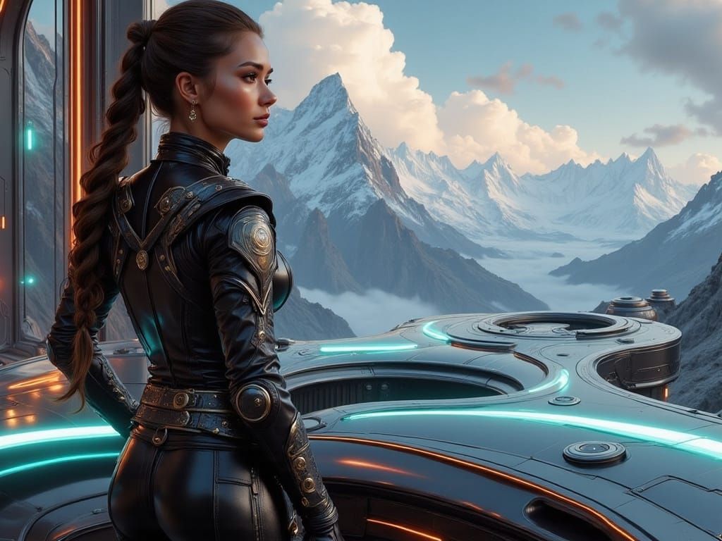 Futuristic Woman Gazing at Glacial Valley in Cyberpunk Style