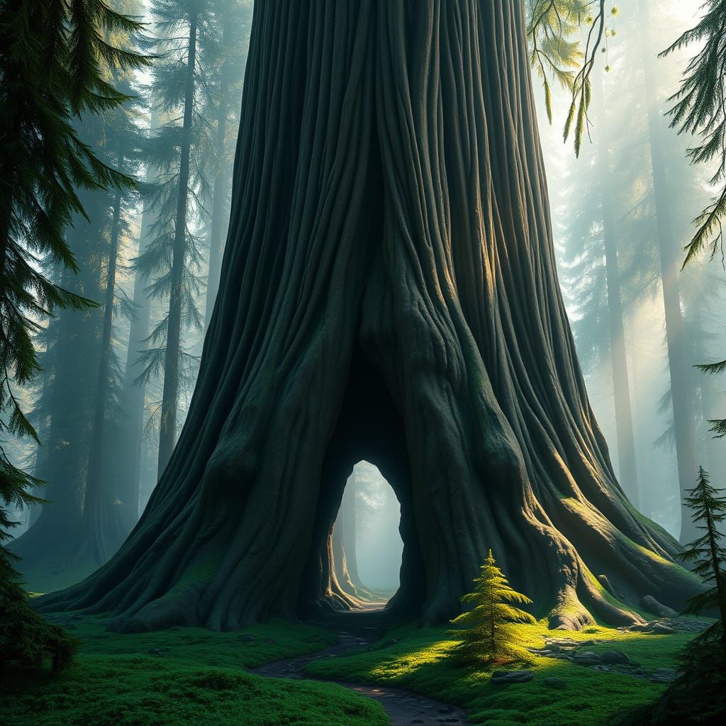 Majestic Redwood Tree in a Misty Emerald Forest