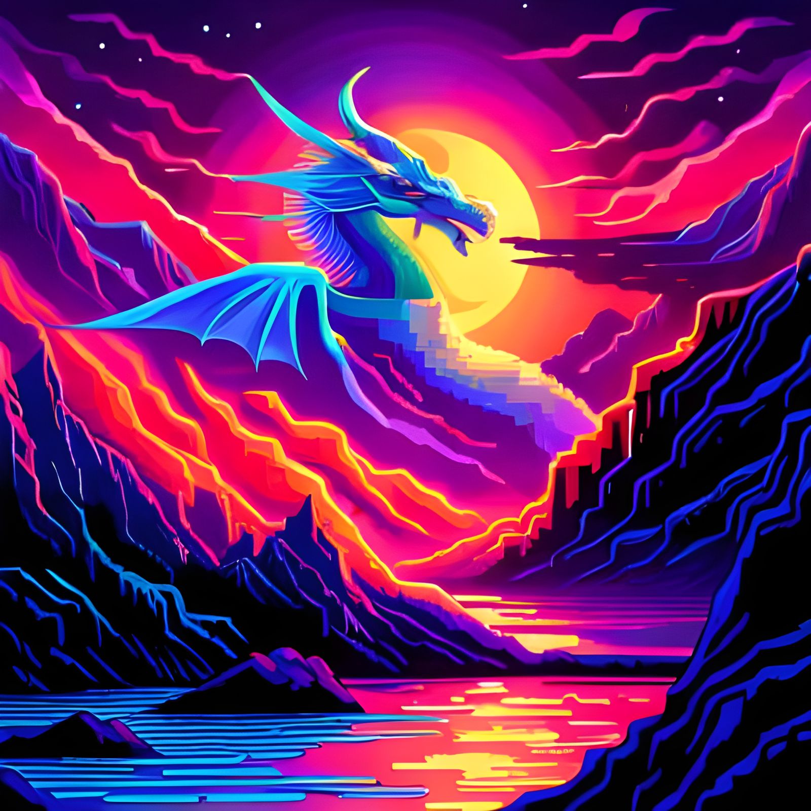 Cosmic Pixel Art Dragon in Synthwave Style