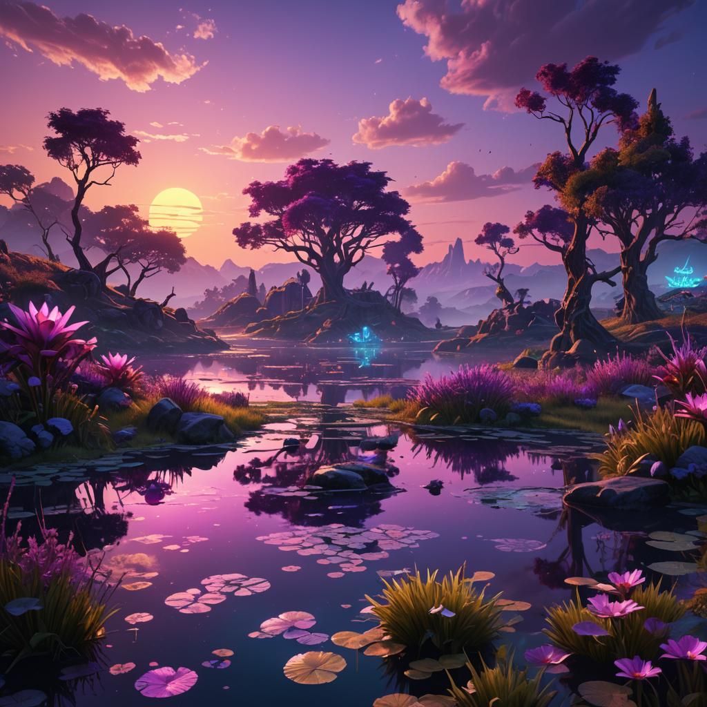 Sunrise Garden with Pond and Neon Lights