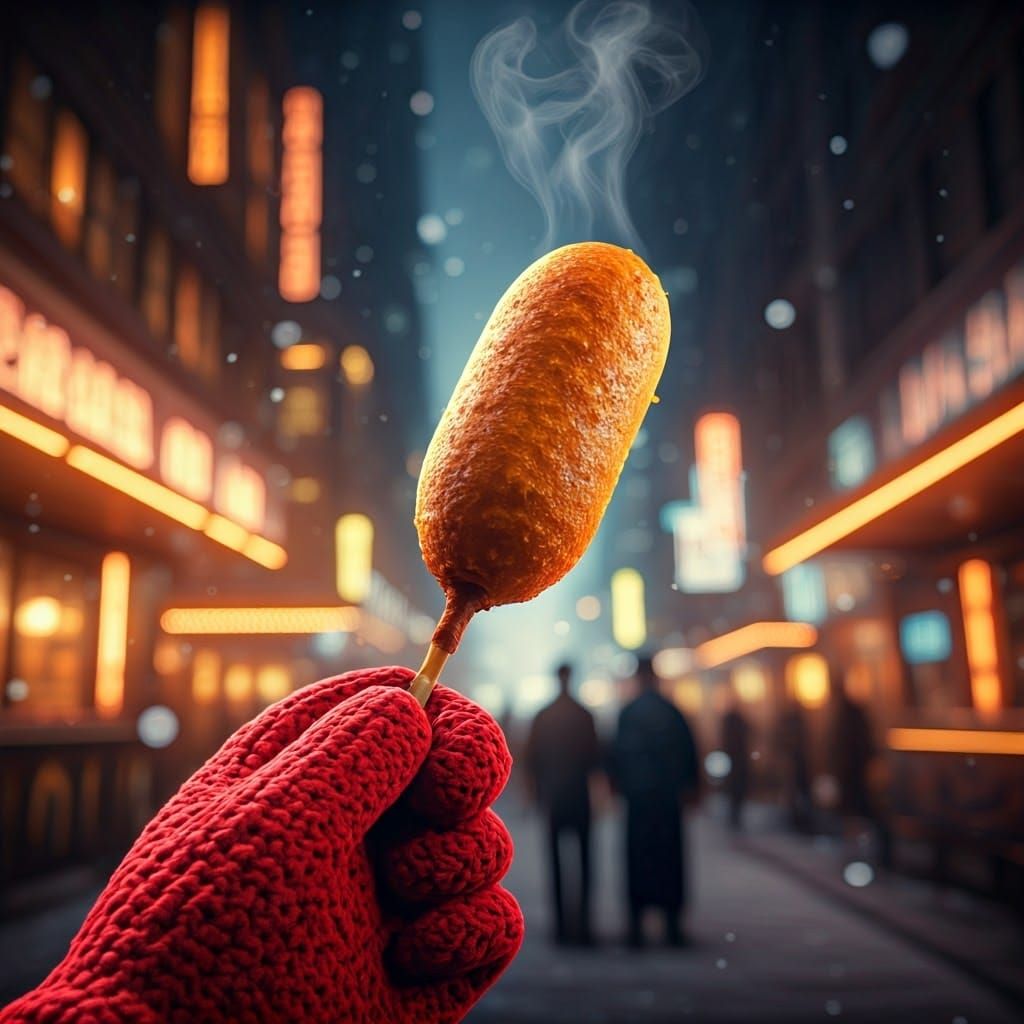 Steaming Corn Dog in Winter Cityscape
