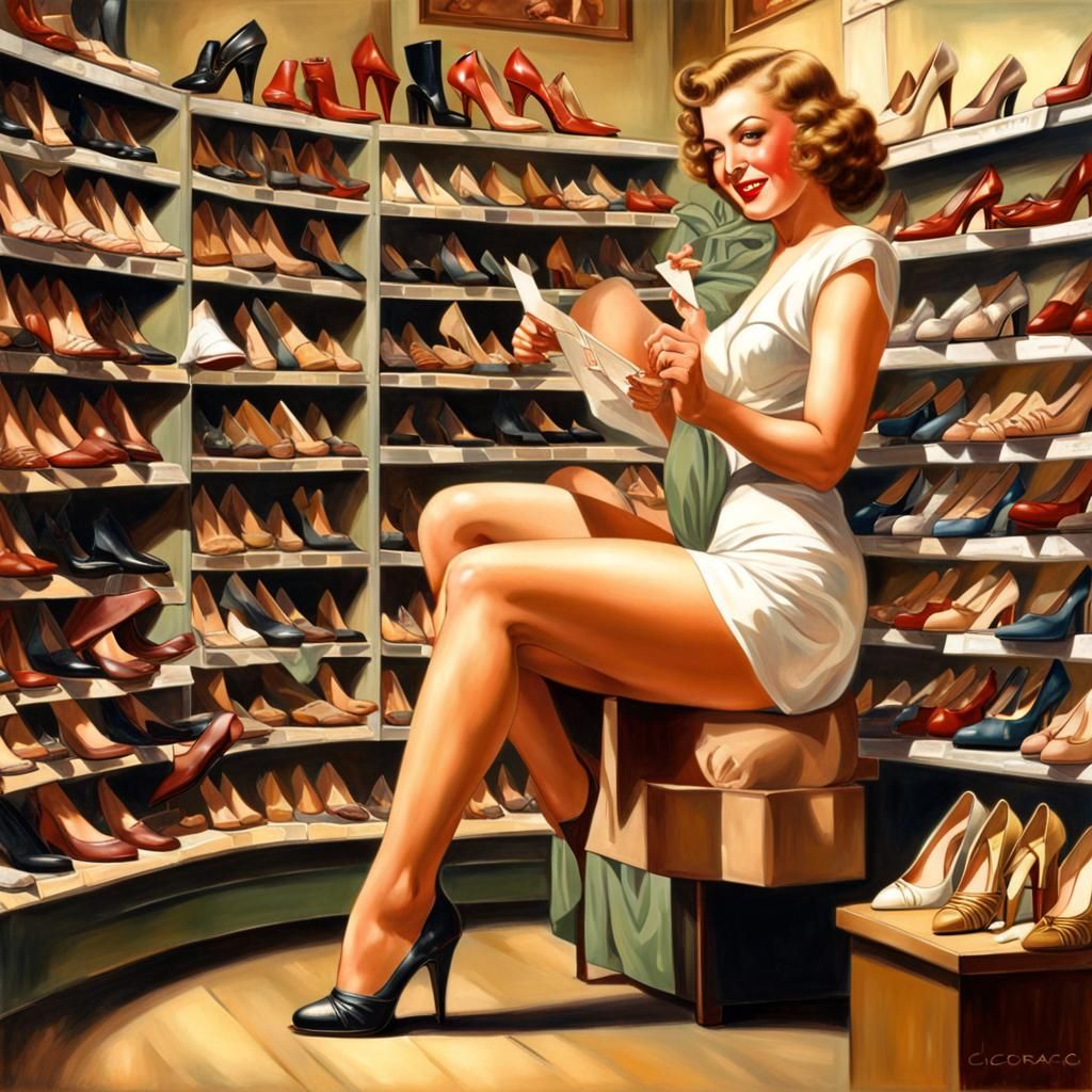 1930s Pin-Up Girl Shopping for Shoes Hyperrealistic Art