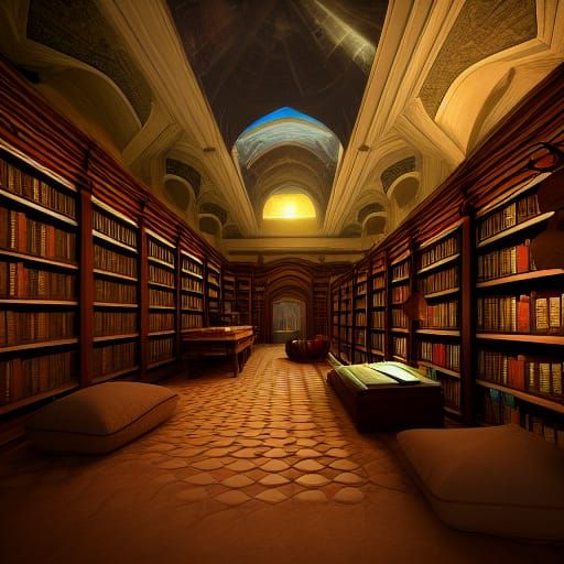 Fantasy Library Interior with Bioluminescent Light in 3D