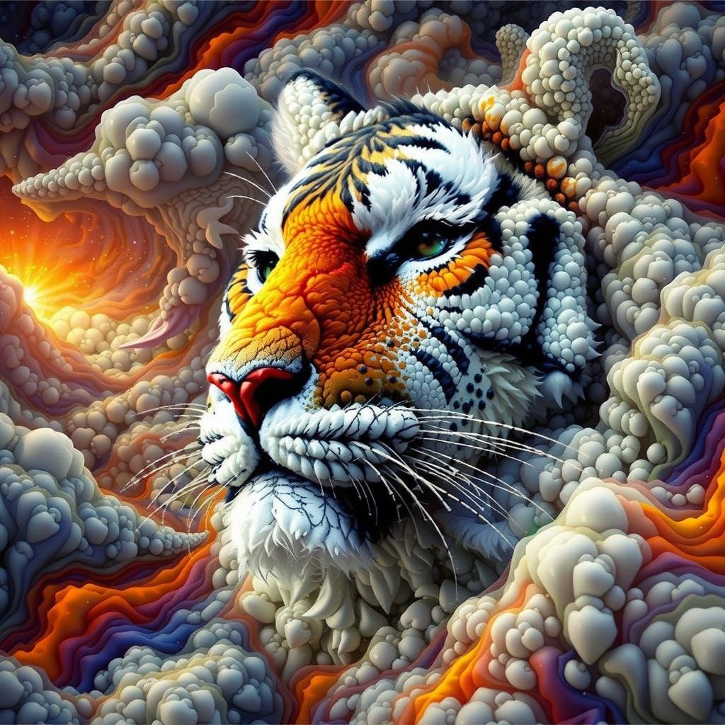 Cyberpunk Cloud Tiger Rising from the Neon City