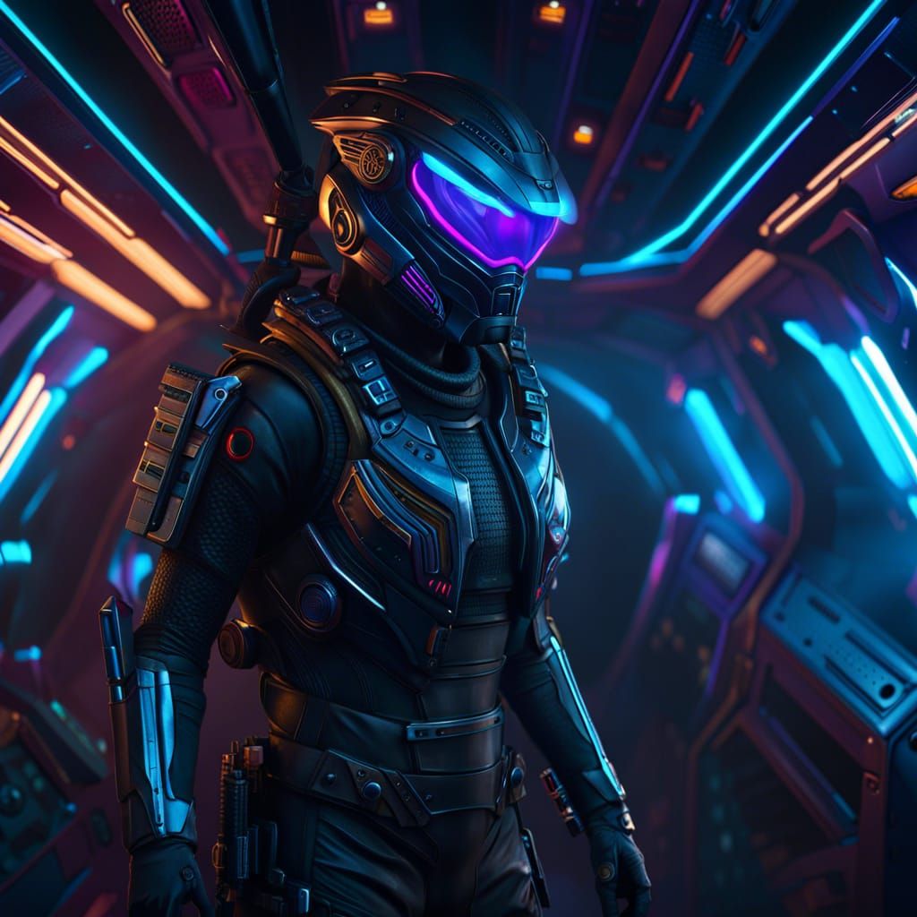 Cyberpunk Warrior Lost in Alien Ship: 8K Concept Art