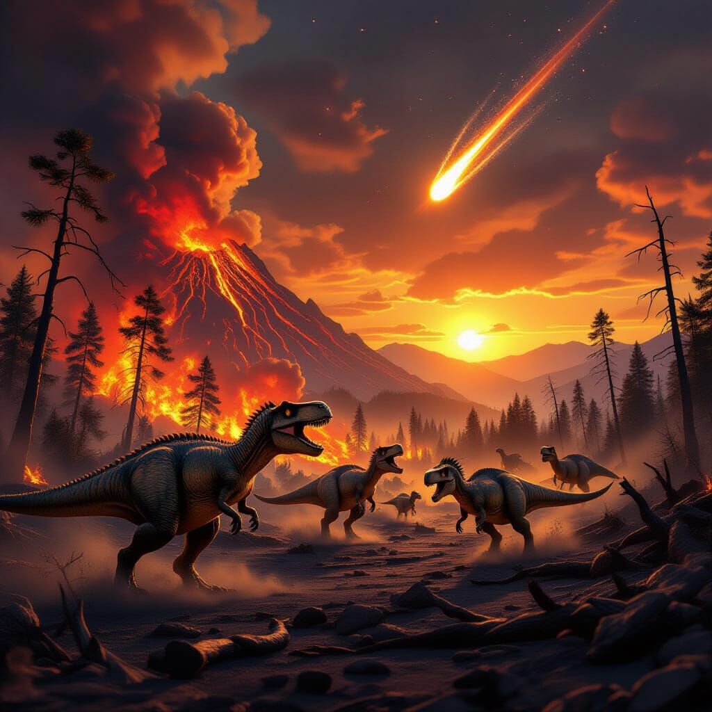 Dinosaurs Escape Volcano in Hyper-Realistic 3D Rendering