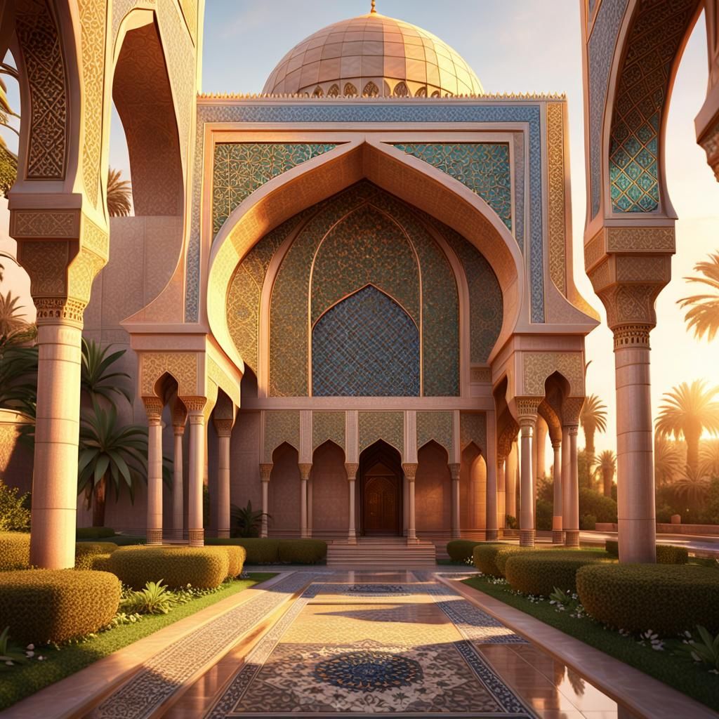 Majestic Mosque in Serene Garden at Sunset