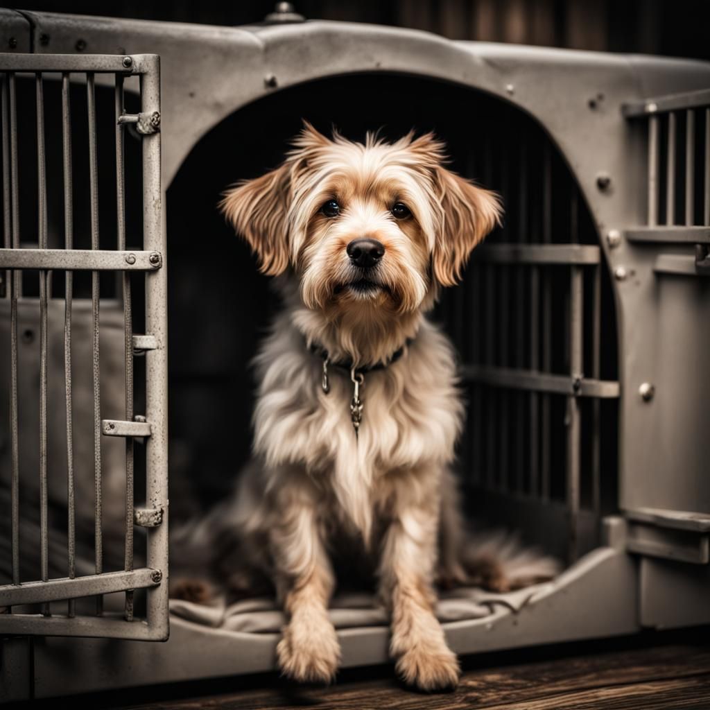 Hyperrealistic Cute Dog in a Kennel