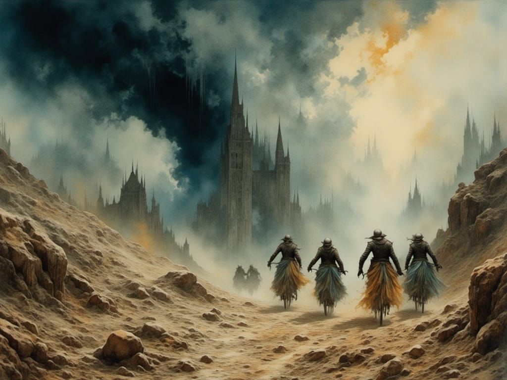 Cyclists Escape Tornado in High-Fantasy Landscape