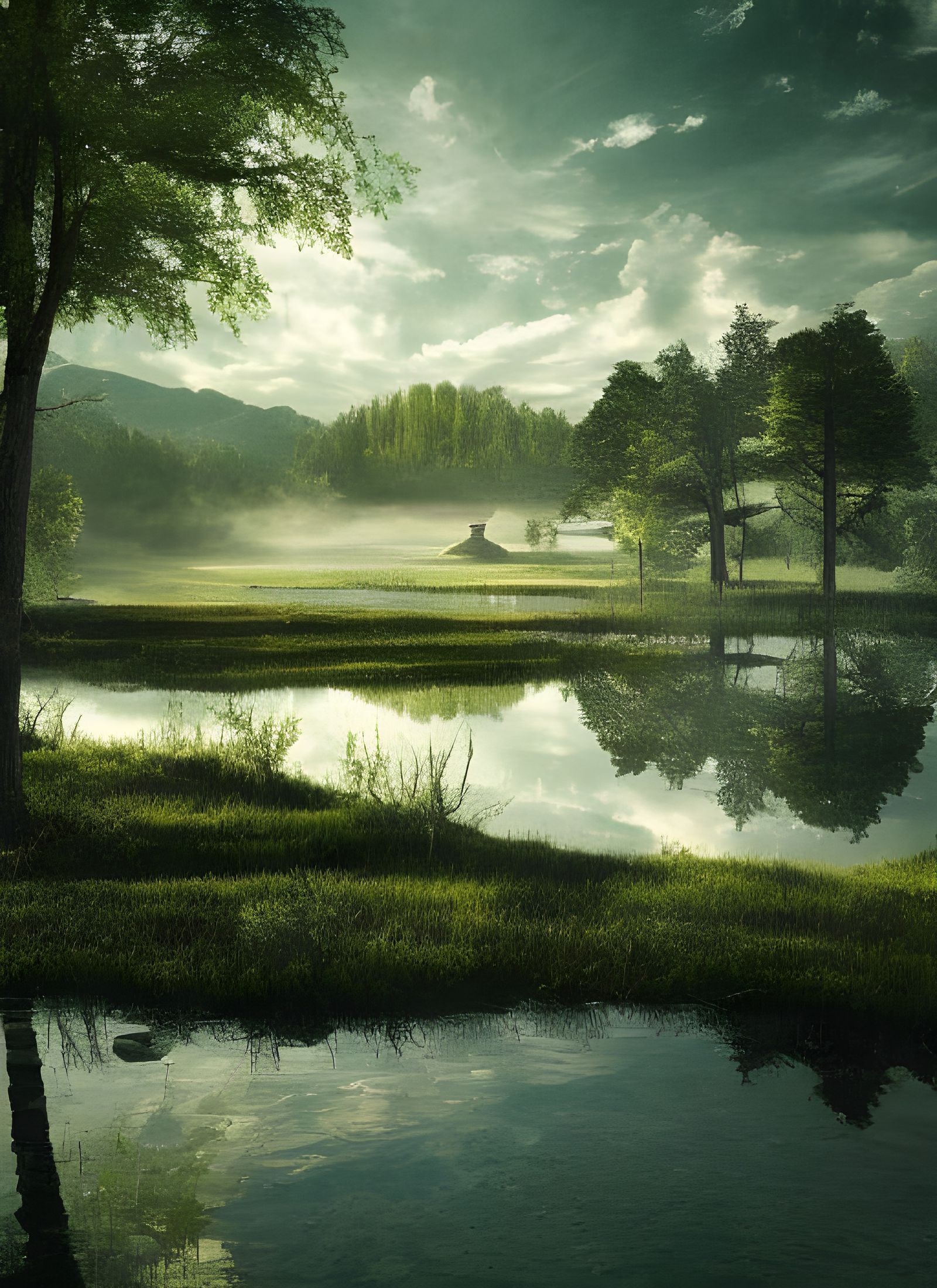 Serene Still Lake: Hyperreal 3D Painting