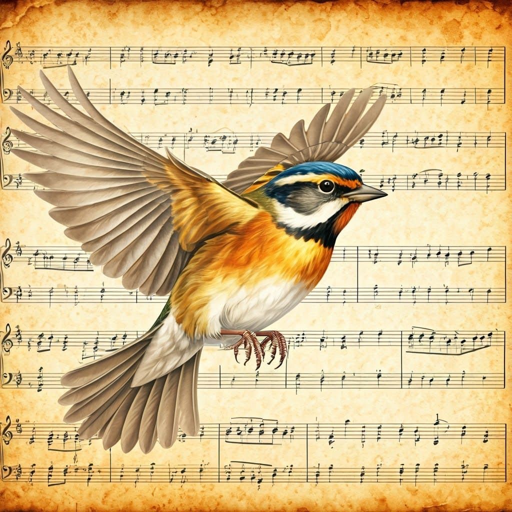 Songbird in Flight with Musical Score Background