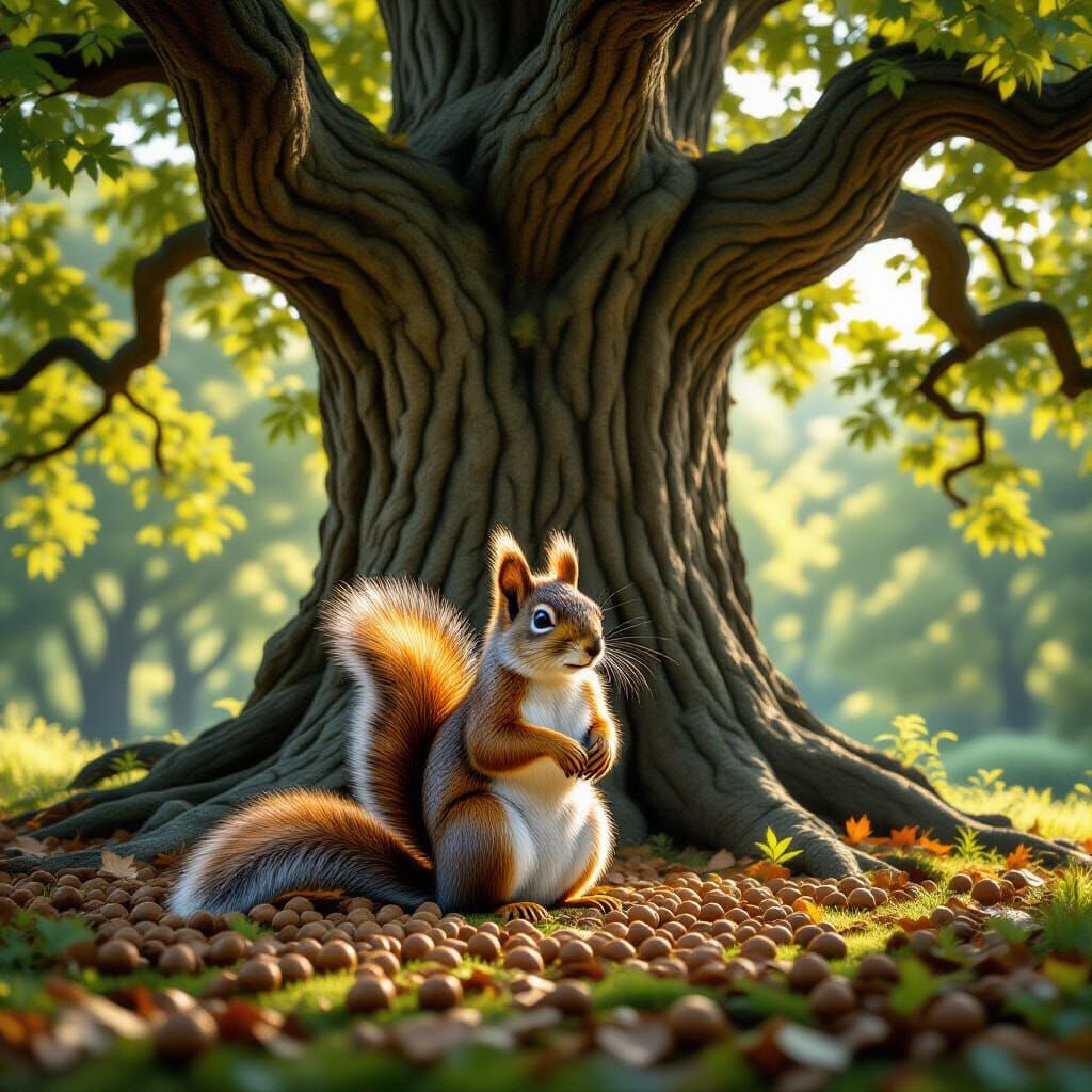 Wise Squirrel in Sun-Dappled Oak Forest
