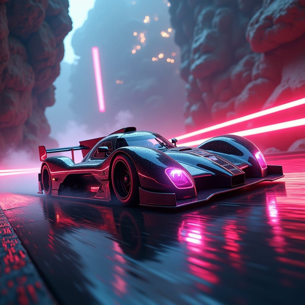Futuristic Race Car in Dreamlike Neon Landscape