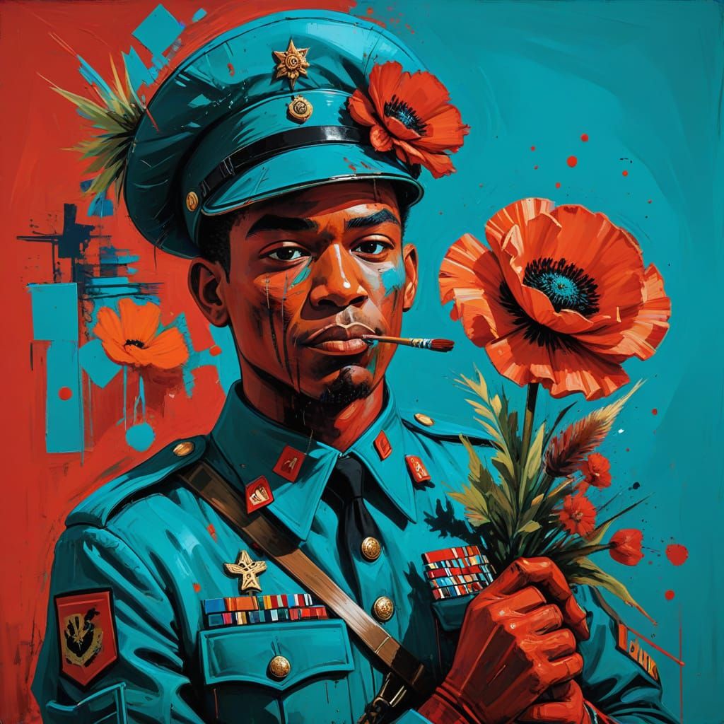 Satirical Soldier Art Piece with Exaggerated Facial Features