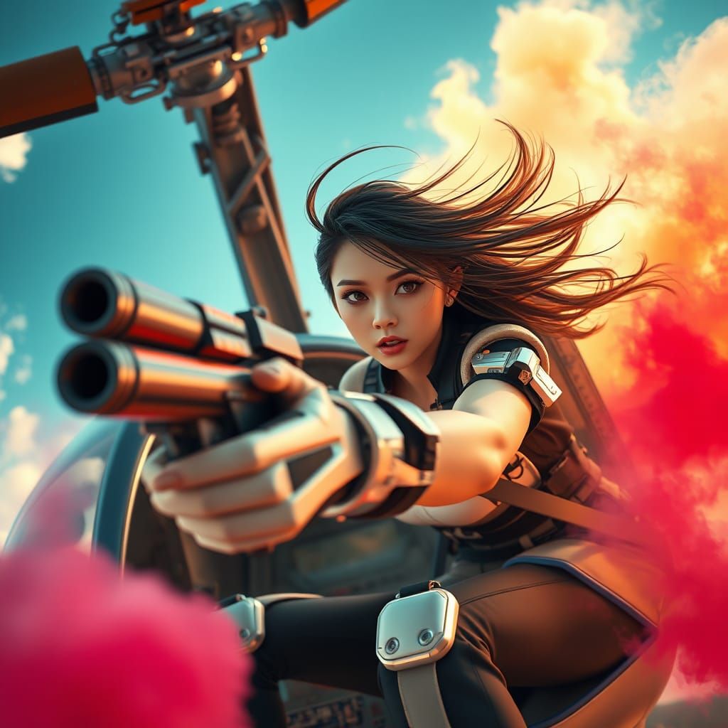 Asian Woman Fires Gun from Futuristic Helicopter