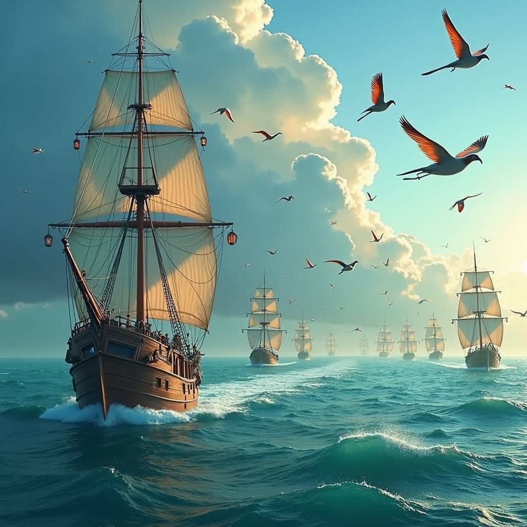 Avatar Birds Soaring Over Ocean Sailboats at Sunset