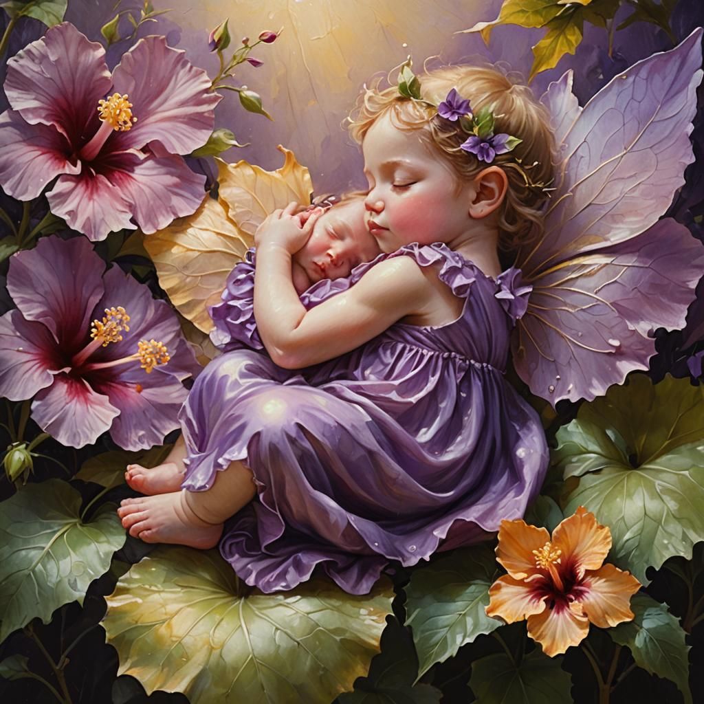 Baby Fairy Asleep on Hibiscus Flower, Oil Painting