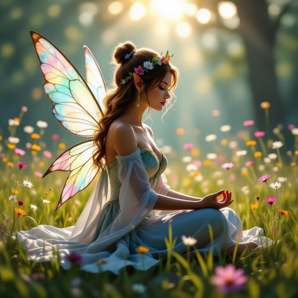 Tinkerbell Fairy in Meditation, Double Exposure Meadow
