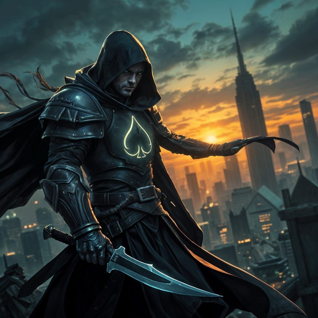 Heroic Jack of Spades Rogue in Futuristic City