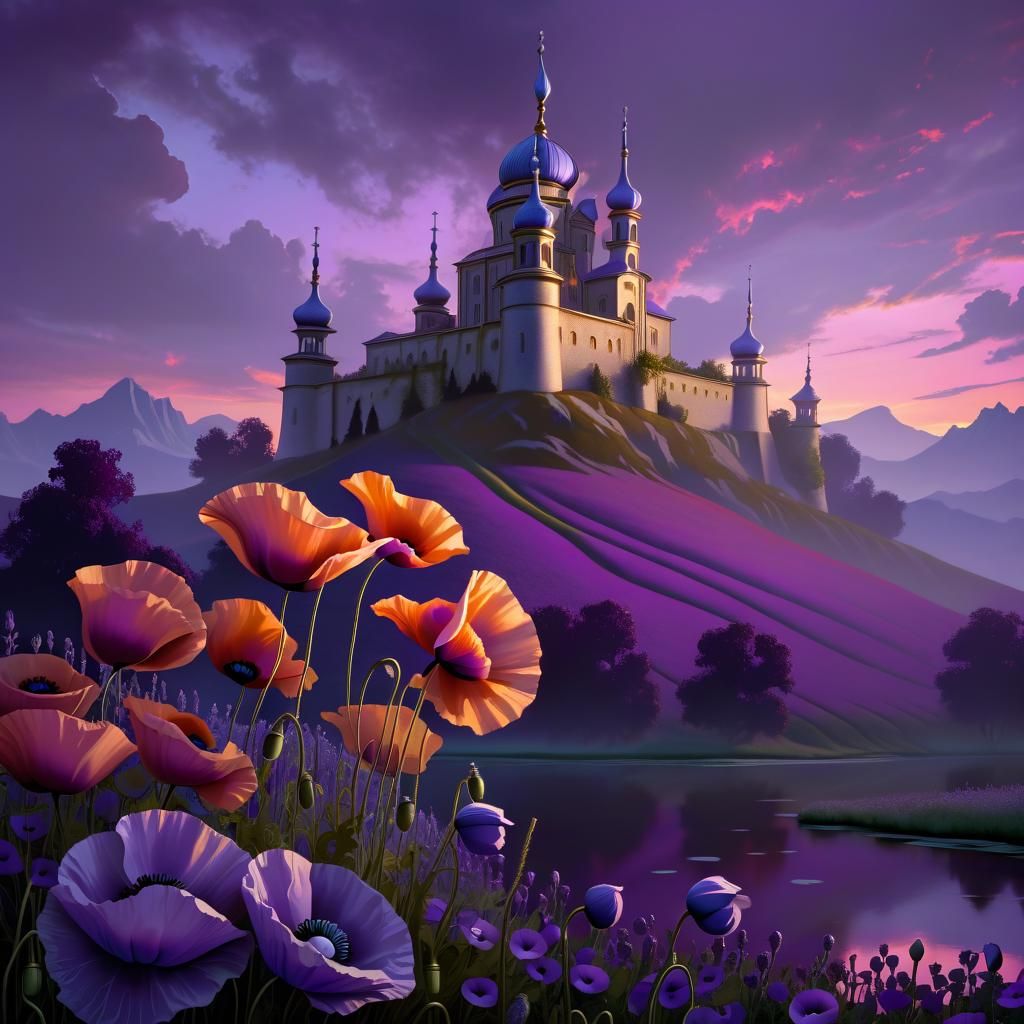 Purple Poppies Landscape in Art Nouveau Rococo Style