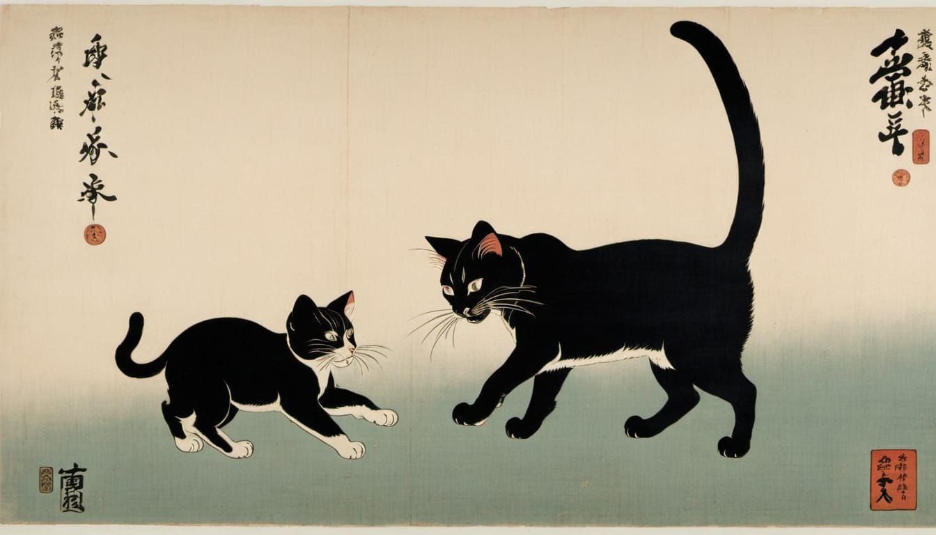 Ukiyo-e Woodblock Print of Cat and Kitten