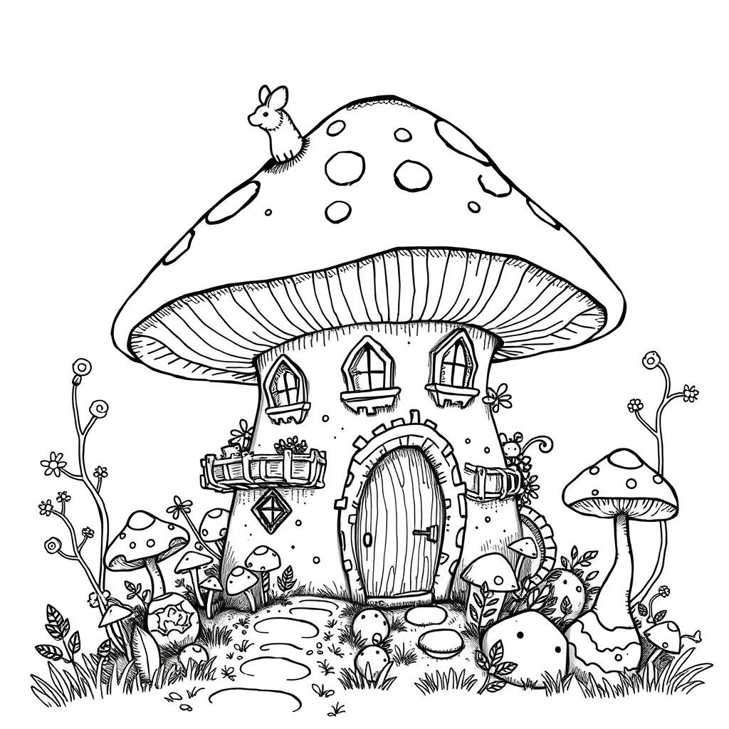 Whimsical Mushroom House Doodle in Stylized Black and White