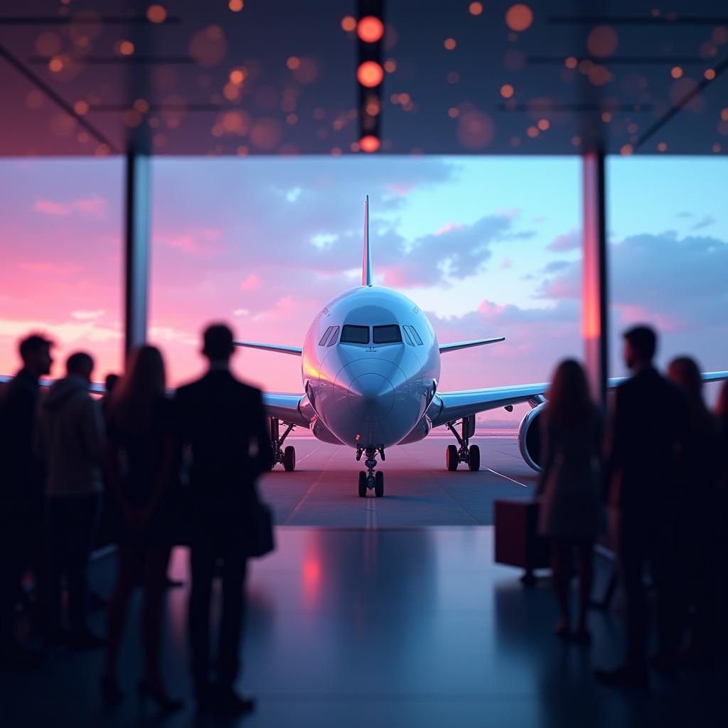 Airport Silhouettes Watching Silver Jumbo Jet in Bokeh Style