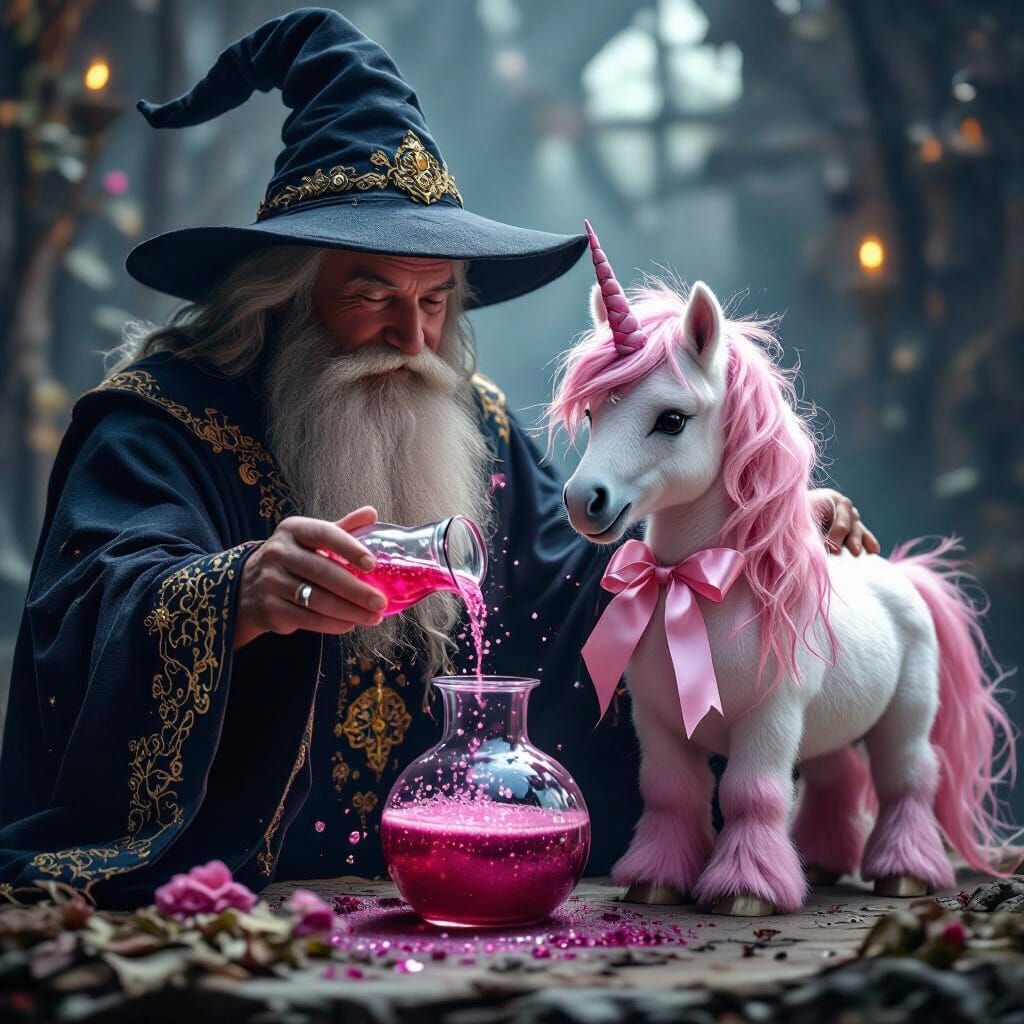 Wizard Transforms Potion into Pink Pony, Hyperrealistic Styl...