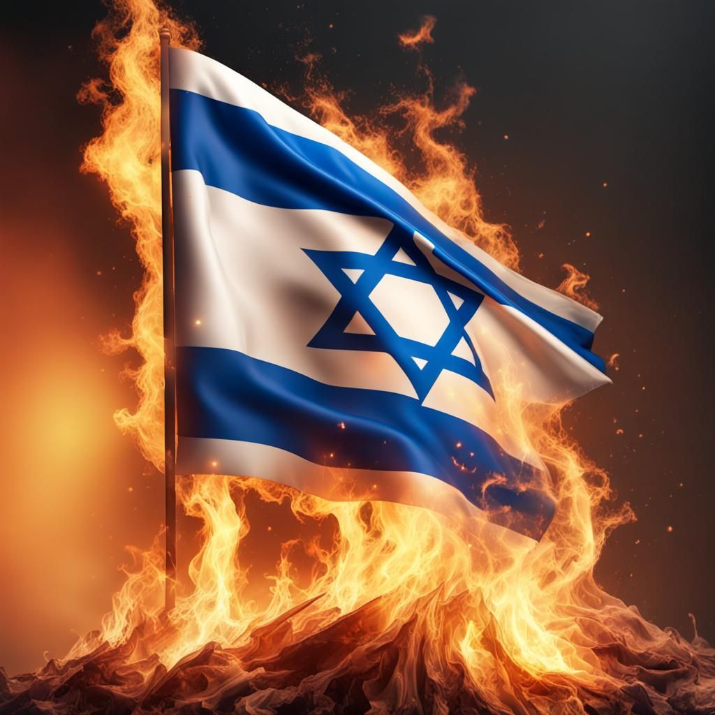 Burning Israel Flags in Hyperrealistic Style