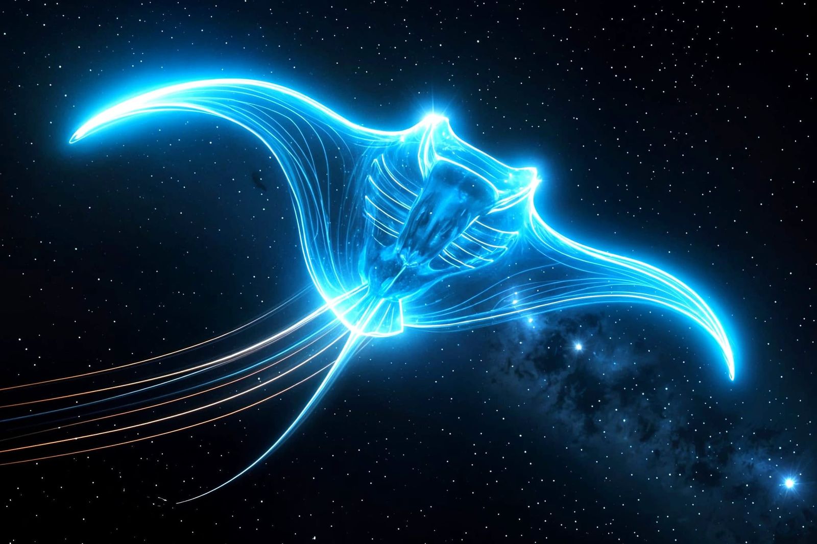 Spectral Manta Ray Dances Among Celestial Light Trails