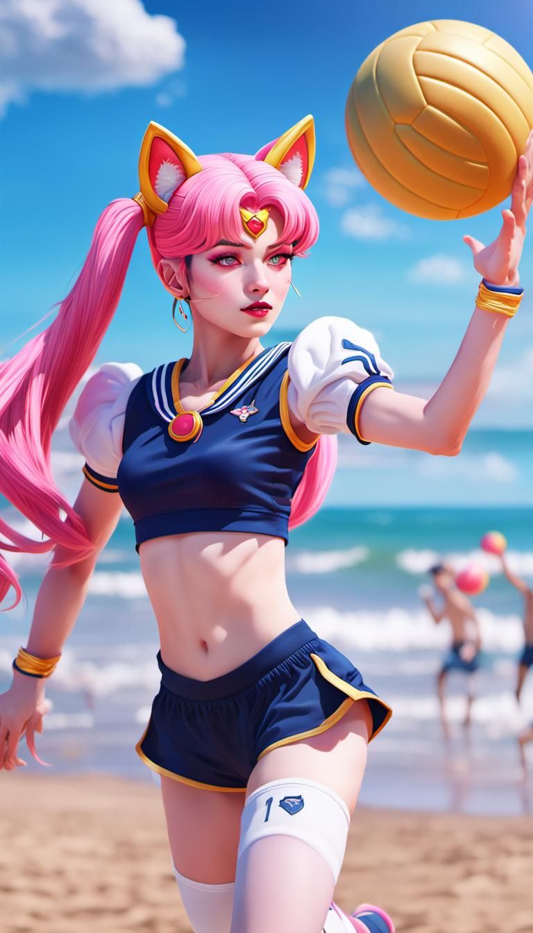Sailor Mini Moon kitsune playing volleyball.