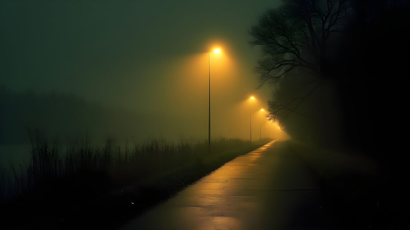 Eerie Nighttime Landscape of a Deserted Riverside Path