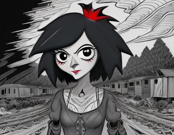 Gloomy Crow Girl Drives Cabriolet: Cartoonish Line Art