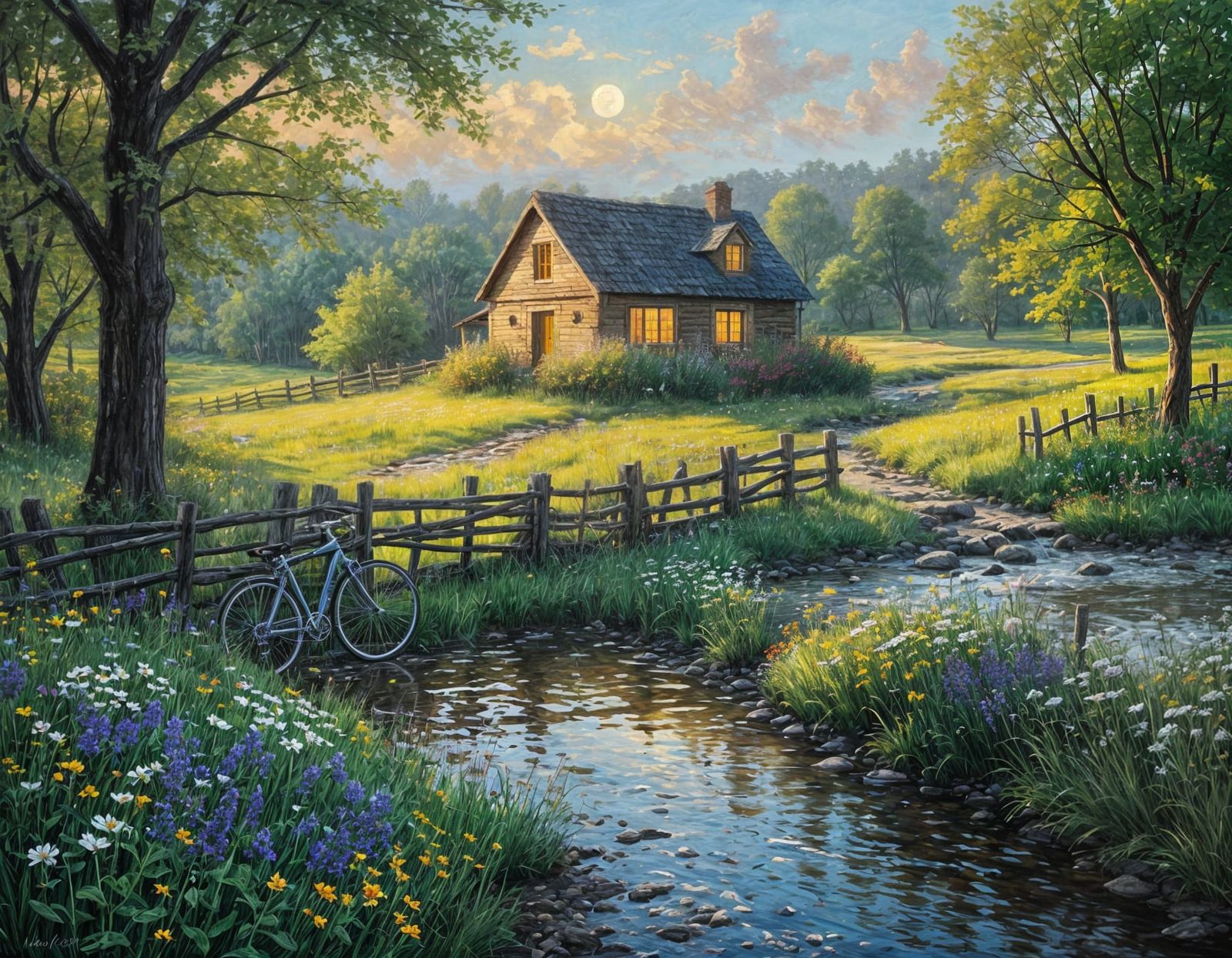 Rustic Sunset Scene in Vibrant Colors and Impasto Techniques