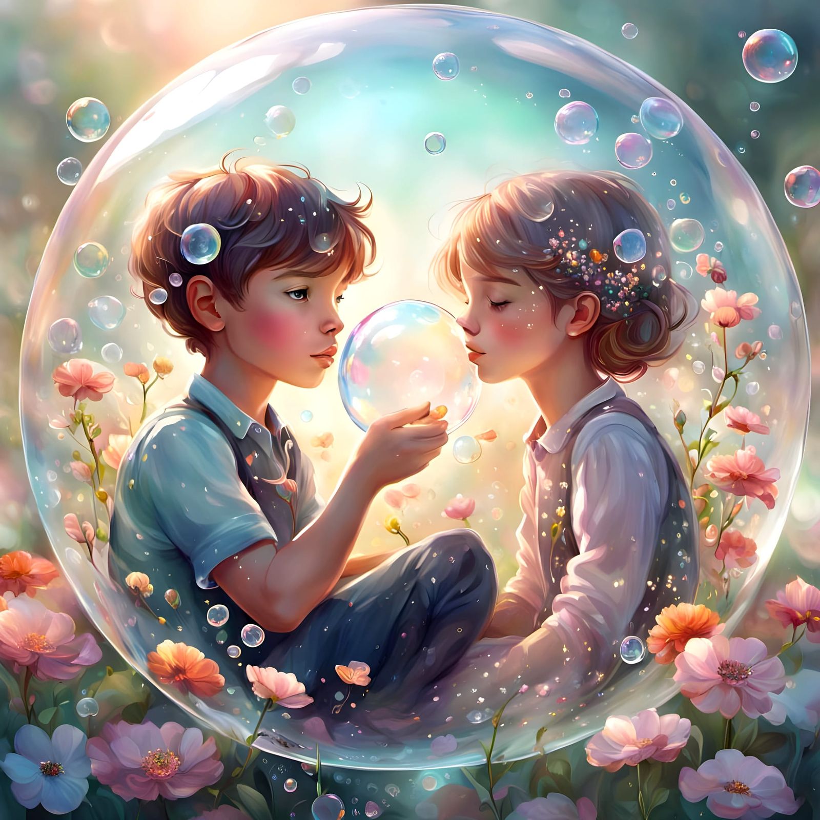 Children in Bubble Surrounded by Flowers