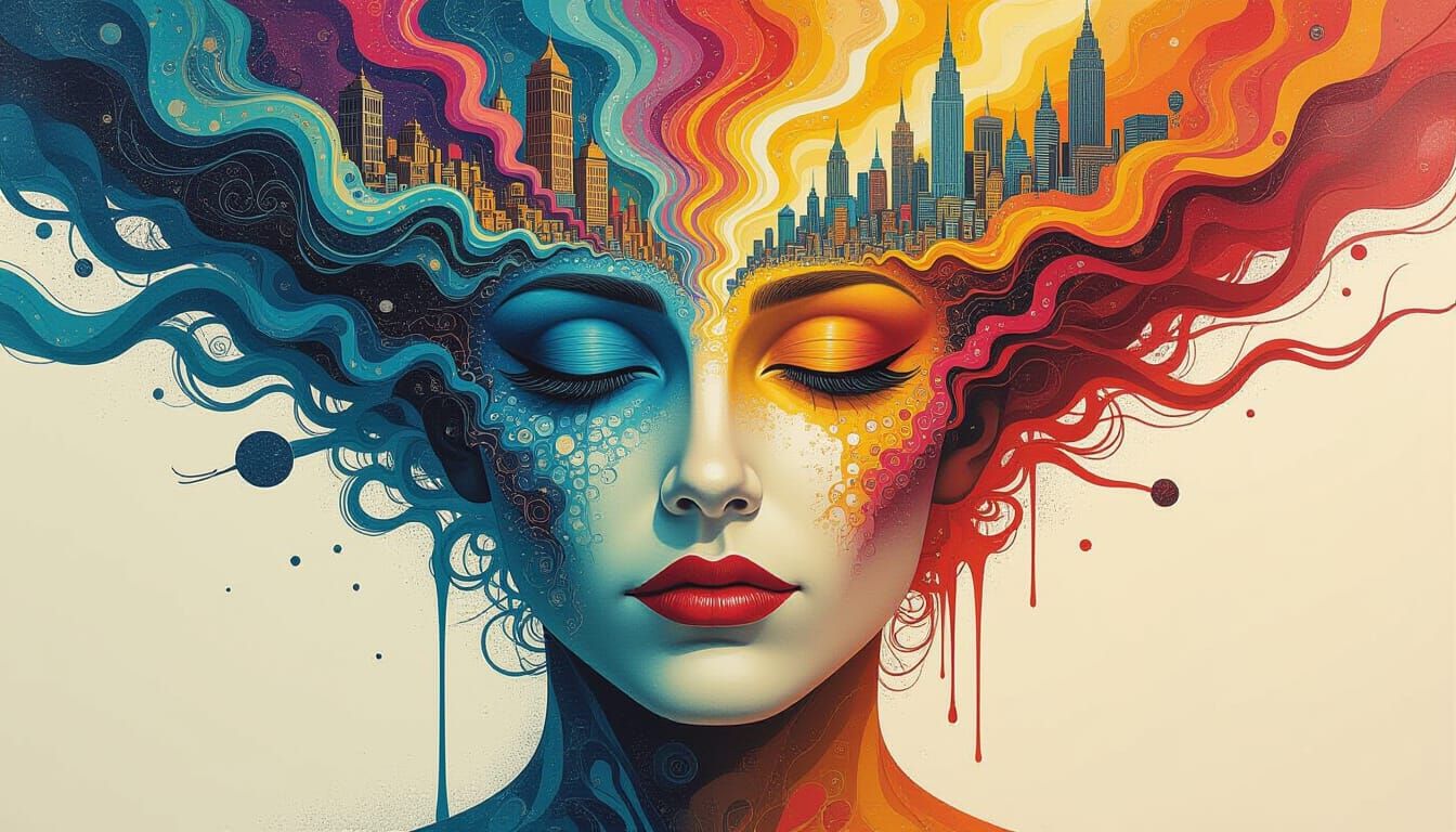 Surreal Face with City Hair, Abstract Art