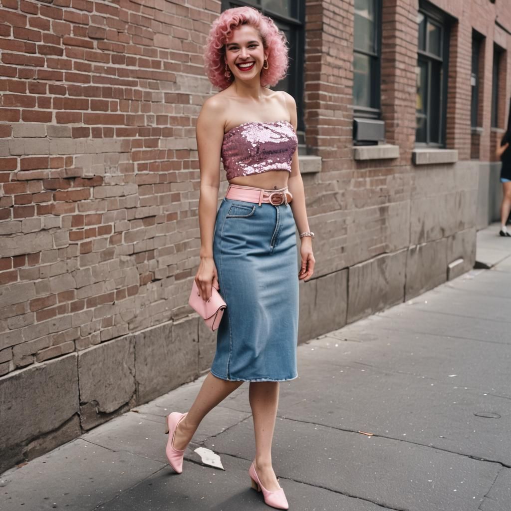 1980s Fashion: Pink Sequin Top and Denim Skirt