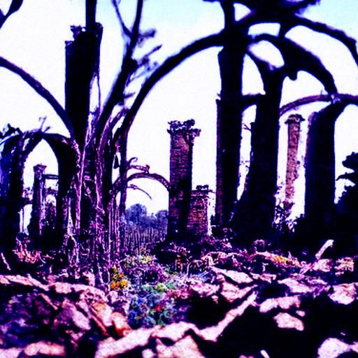 a landscape of ruins overtaken by nature
