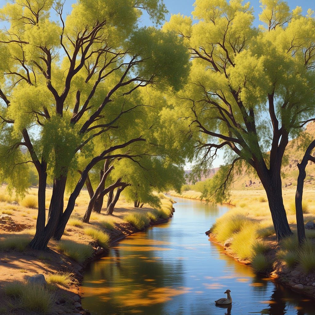 Surreal Desert Landscapes with Lush Cottonwood Trees