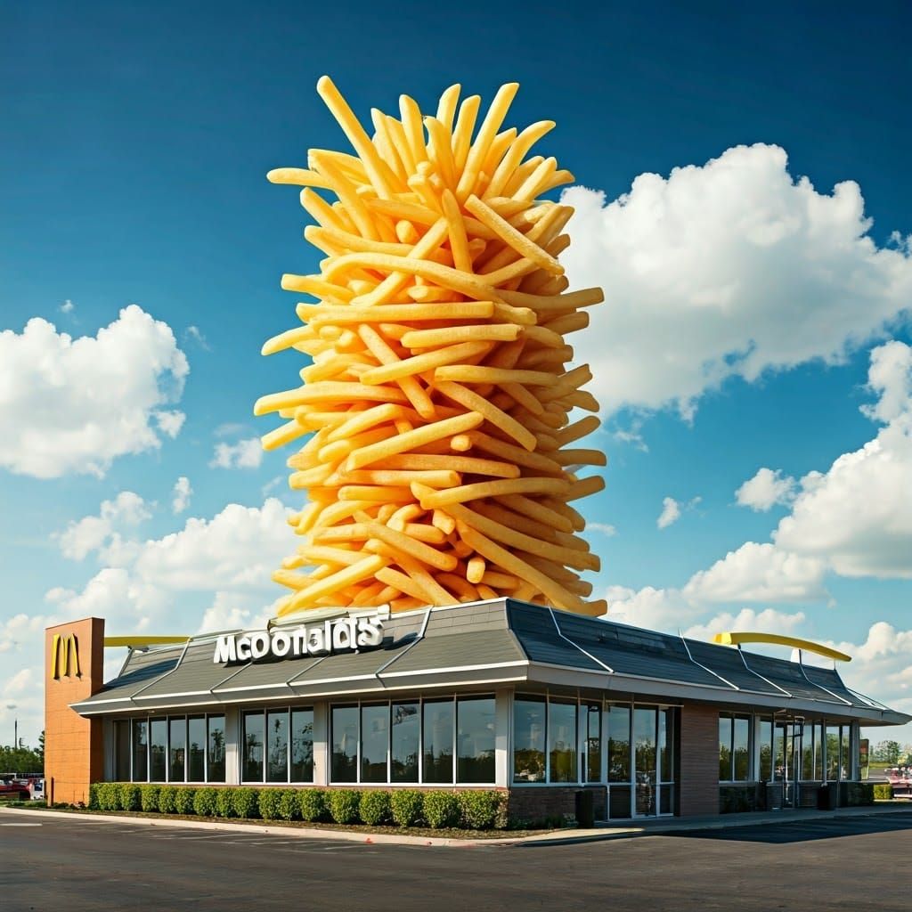 Giant McDonald's Fries Beside Restaurant in Photorealistic S...