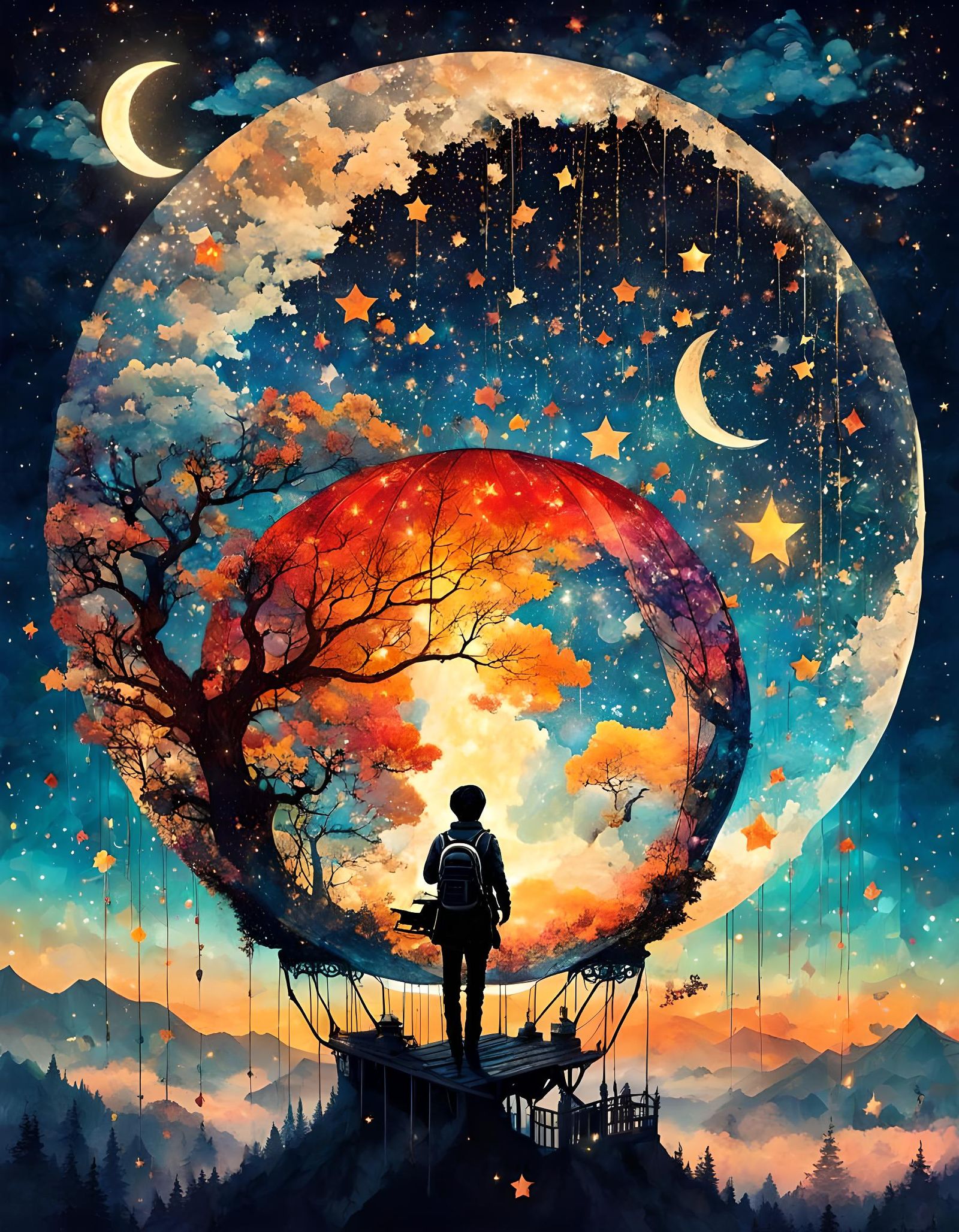 Starry Night Hot Air Balloon Adventure: Surreal Collage